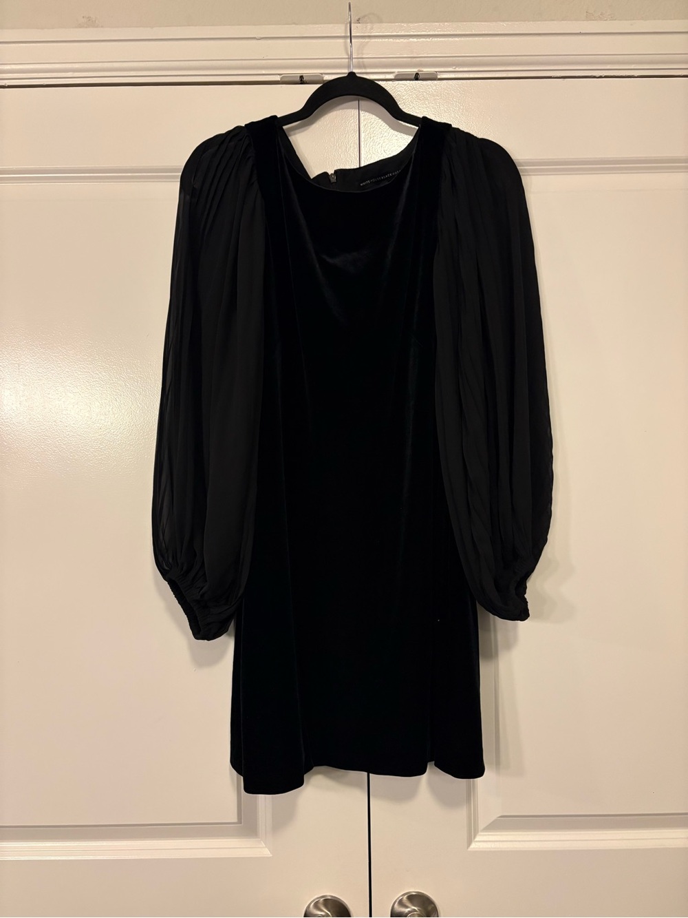 White House Black Market Black Velvet Dress with Sheer Long Bishop Sleeves